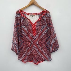 Anthropologie Figueroa & Flower boho mixed print blue, red blouse